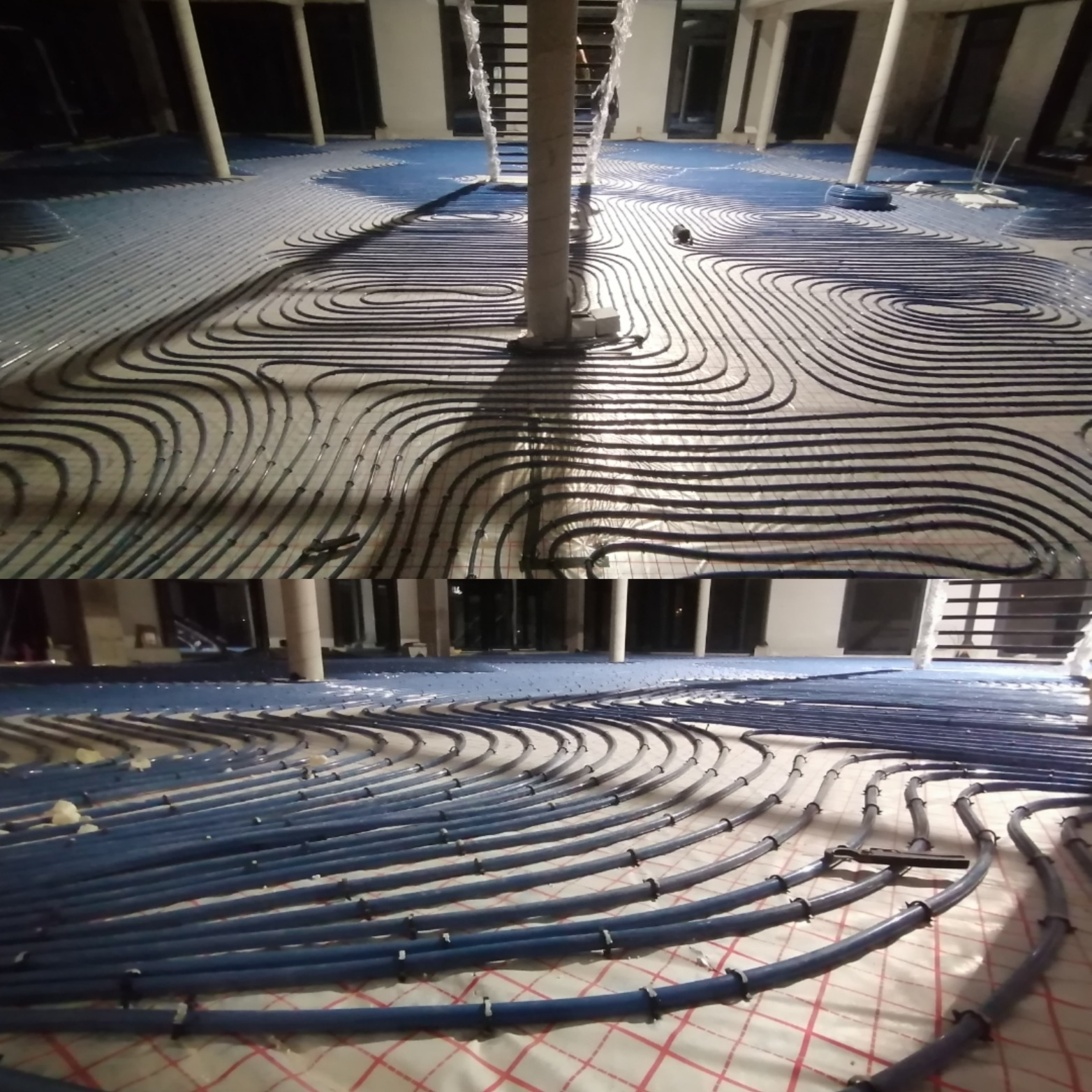 Rozłożona instalacja ogrzewania podłogowego w budynku z kolumnami. Widoczne czarne rurki na folii izolacyjnej i niebieskie rurki w dolnej części kadru.