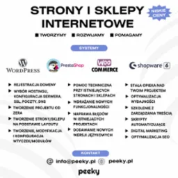 Grafika reklamowa oferująca tworzenie stron i sklepów internetowych, z logo WordPress, PrestaShop, WooCommerce i Shopware, wymieniająca usługi takie jak rejestracja domen, pomoc techniczna...