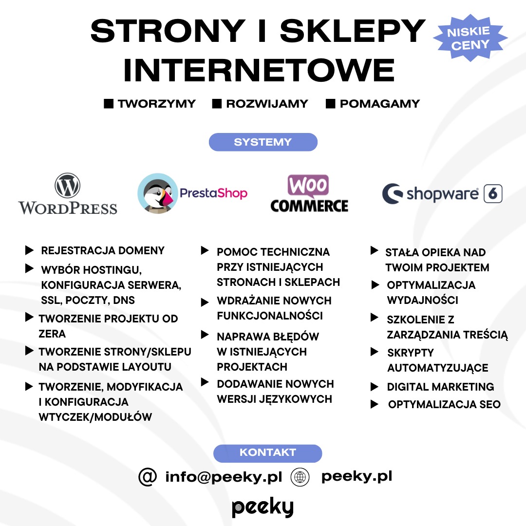 Grafika reklamowa oferująca tworzenie stron i sklepów internetowych, z logo WordPress, PrestaShop, WooCommerce i Shopware, wymieniająca usługi takie jak rejestracja domen, pomoc techniczna...