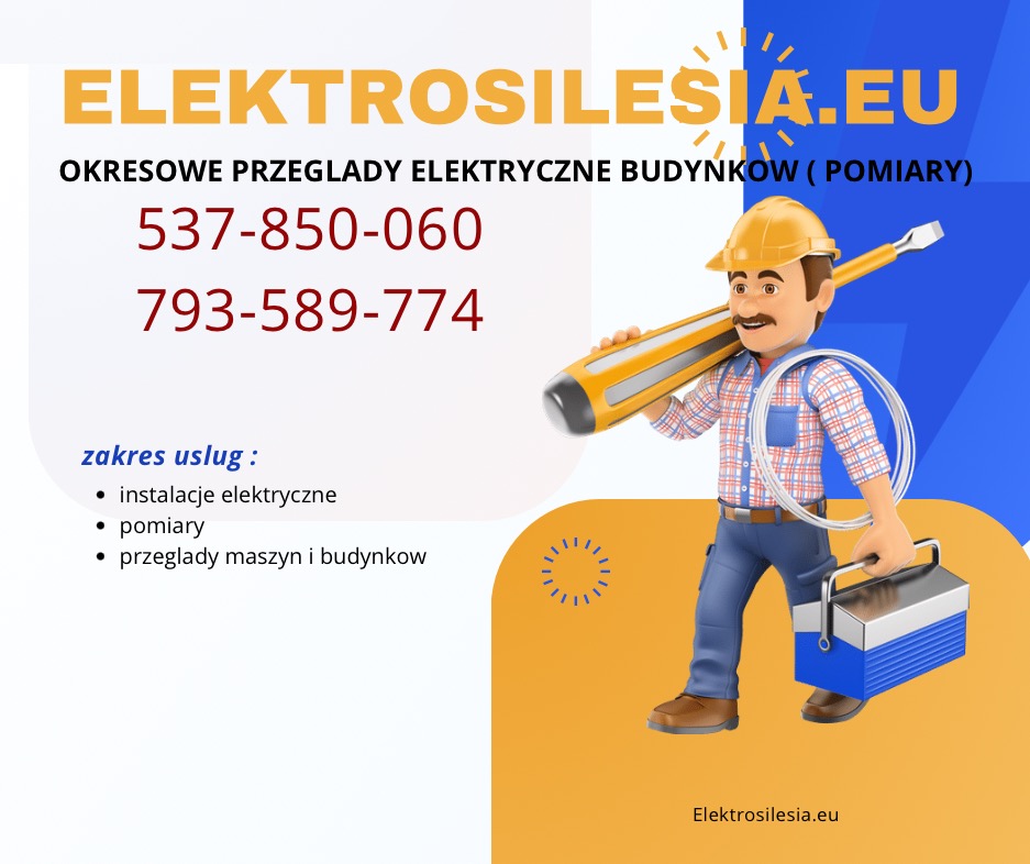 Grafika reklamowa z animowanym elektrykiem w kasku, niosącym skrzynkę narzędziową i duży śrubokręt, z tekstem 'Elektrosilesia.eu' i numerami telefonów, promująca okresowe przeglądy elektryczne...