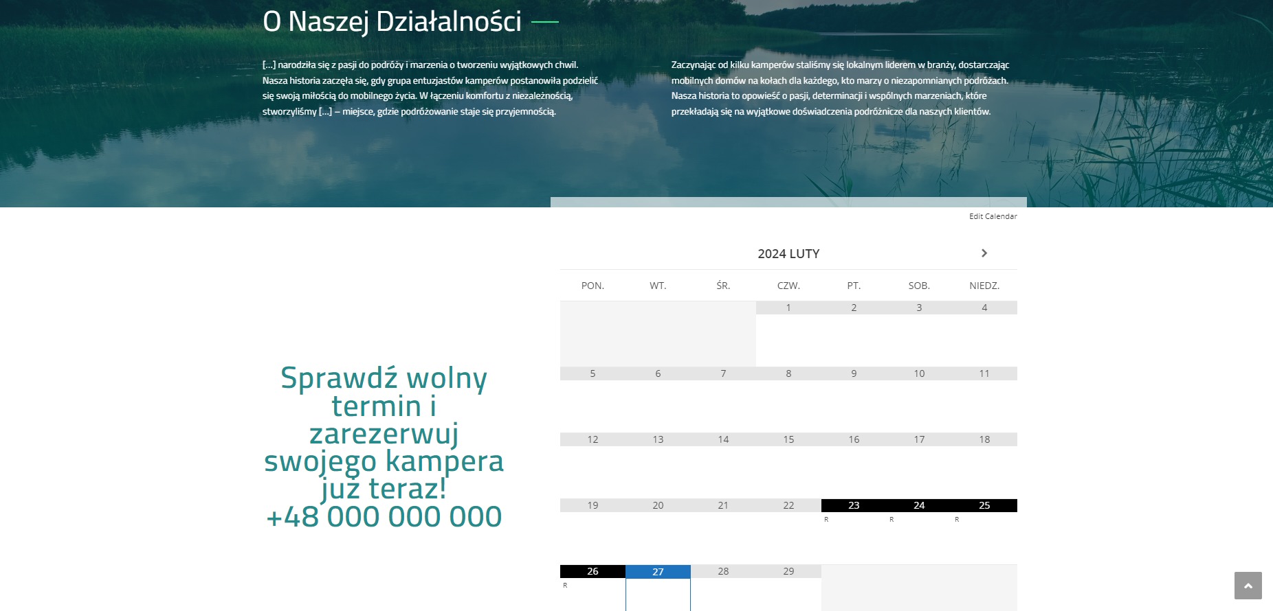 Fragment strony internetowej z tekstem o firmie oferującej wynajem kamperów, kalendarzem dostępności na luty 2024 i wezwaniem do rezerwacji z numerem telefonu.