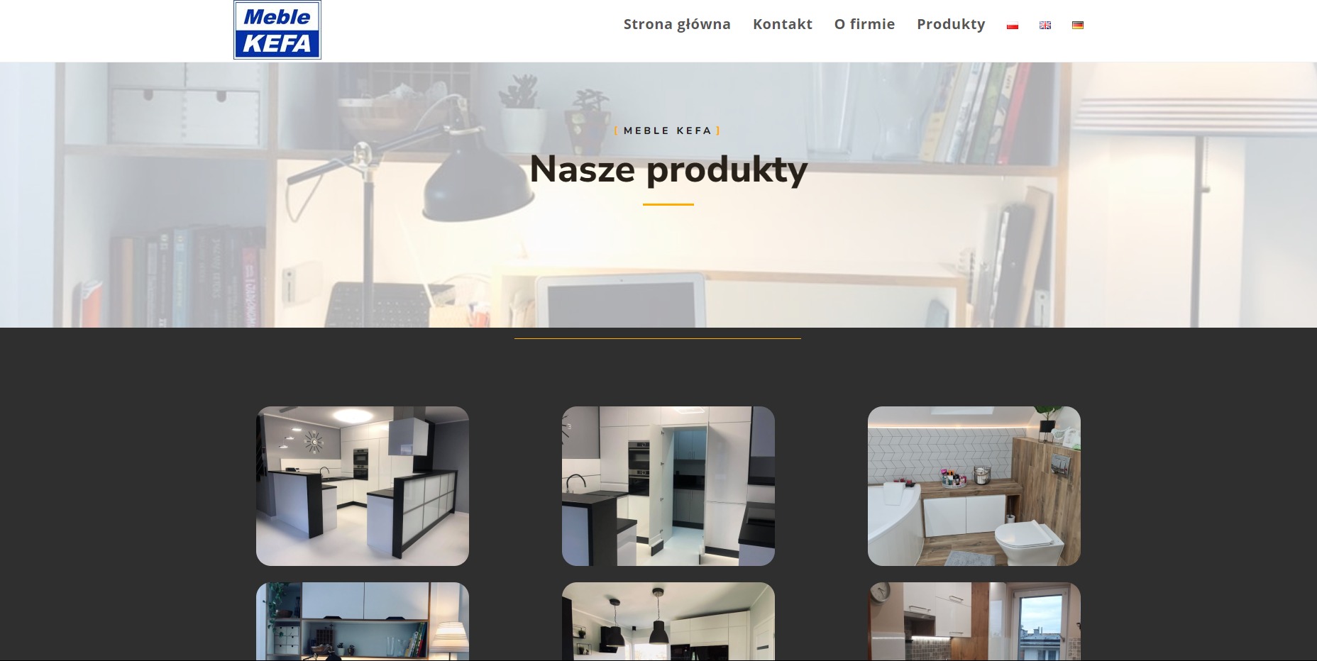 Strona internetowa firmy meblarskiej Meble KEFA prezentująca zdjęcia aranżacji wnętrz kuchennych i łazienkowych.