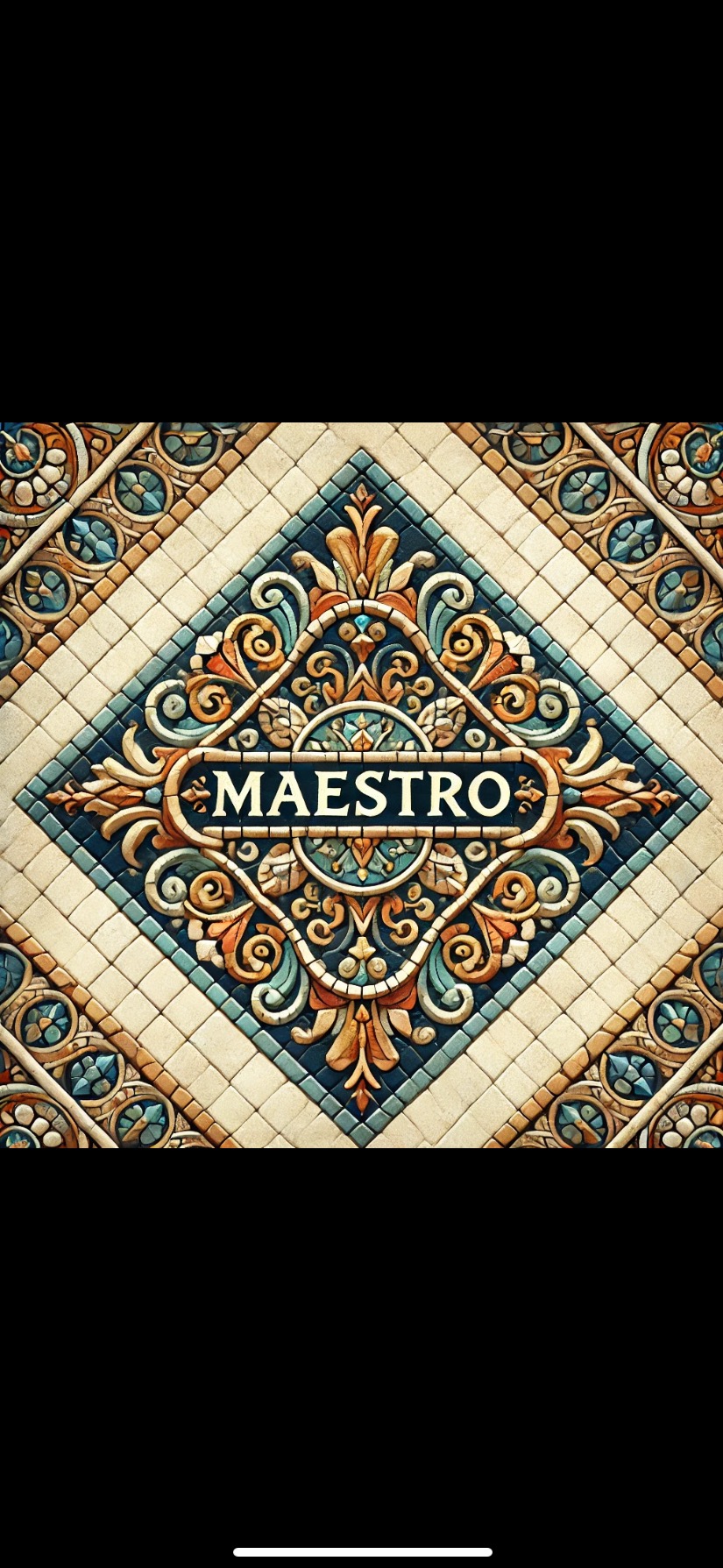 Dekoracyjna mozaika podłogowa z napisem 'MAESTRO' w centralnej części, utrzymana w odcieniach beżu, błękitu i pomarańczu, z bogatymi zdobieniami roślinnymi.