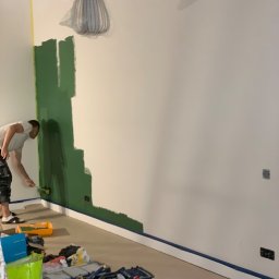 MATRE II - Mężczyzna maluje ścianę na zielono wałkiem, widoczne narzędzia malarskie i zabezpieczona podłoga taśmą malarską, lampa zabezpieczona folią.