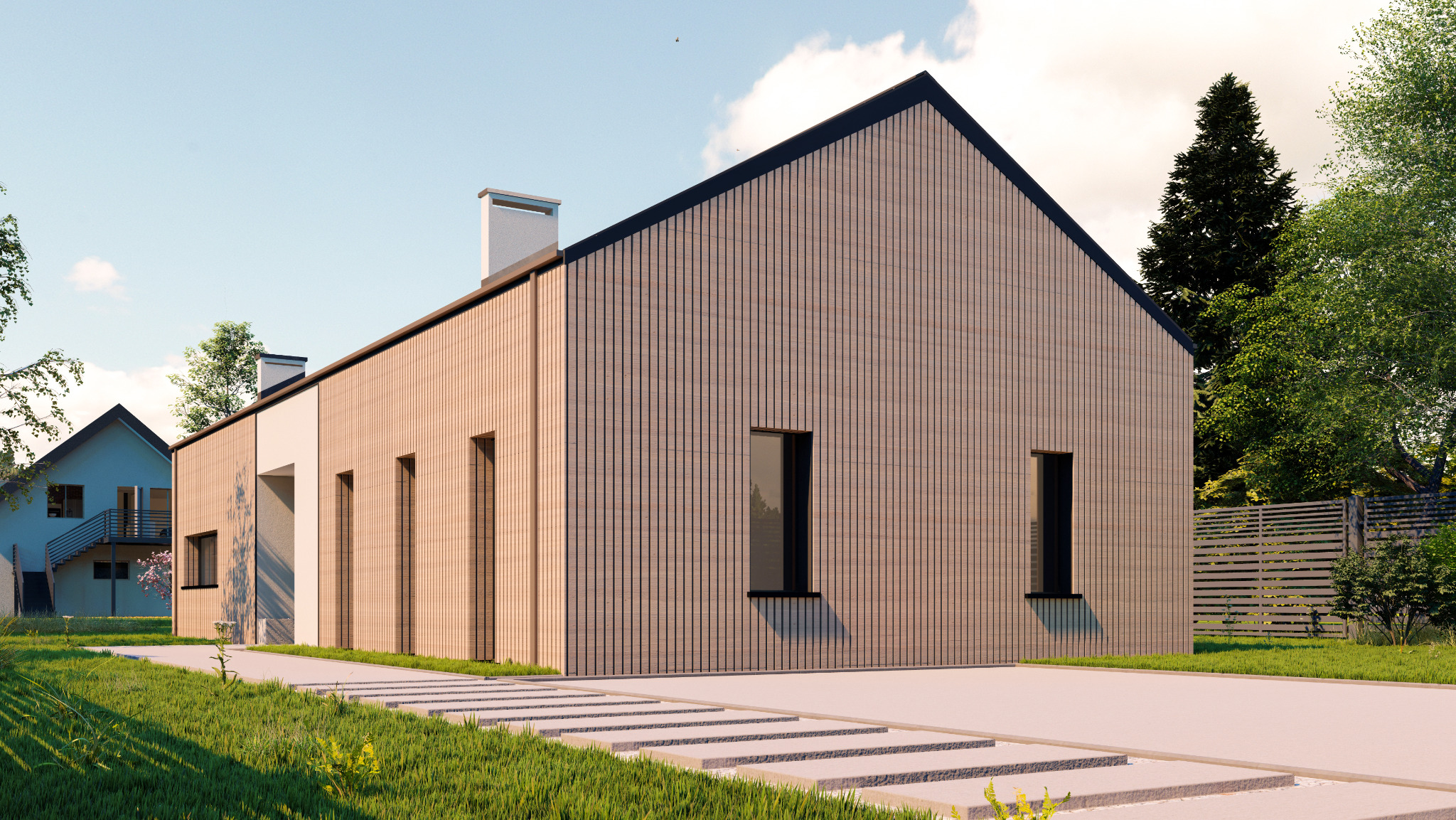 Wizualizacja nowoczesnego domu jednorodzinnego z drewnianą elewacją, minimalistycznymi oknami i betonową ścieżką prowadzącą do wejścia, otoczonego zielenią.