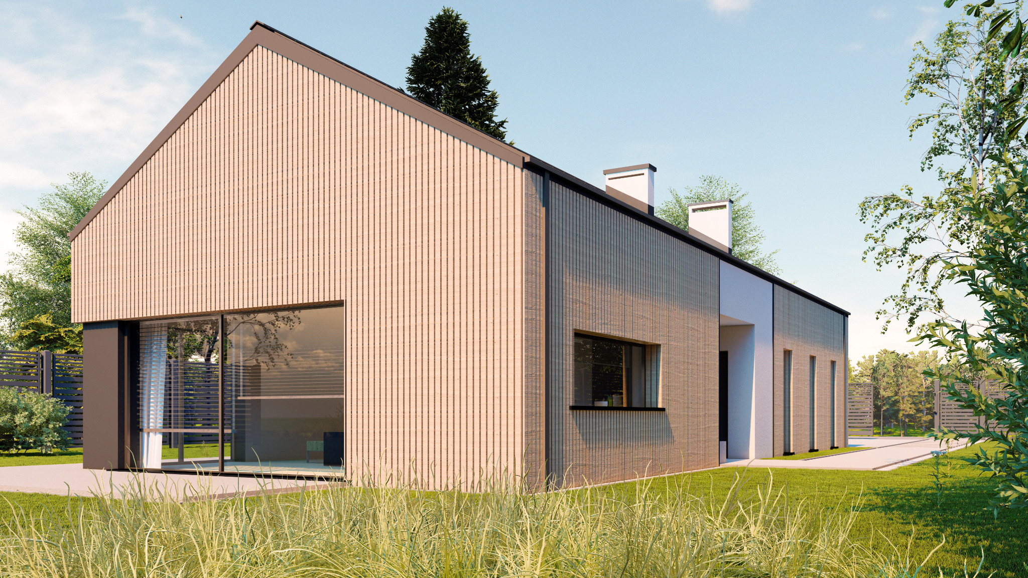 Wizualizacja nowoczesnego domu jednorodzinnego z drewnianą elewacją w pionowe panele, dużym oknem narożnym i minimalistycznym otoczeniem z trawą i drzewami.