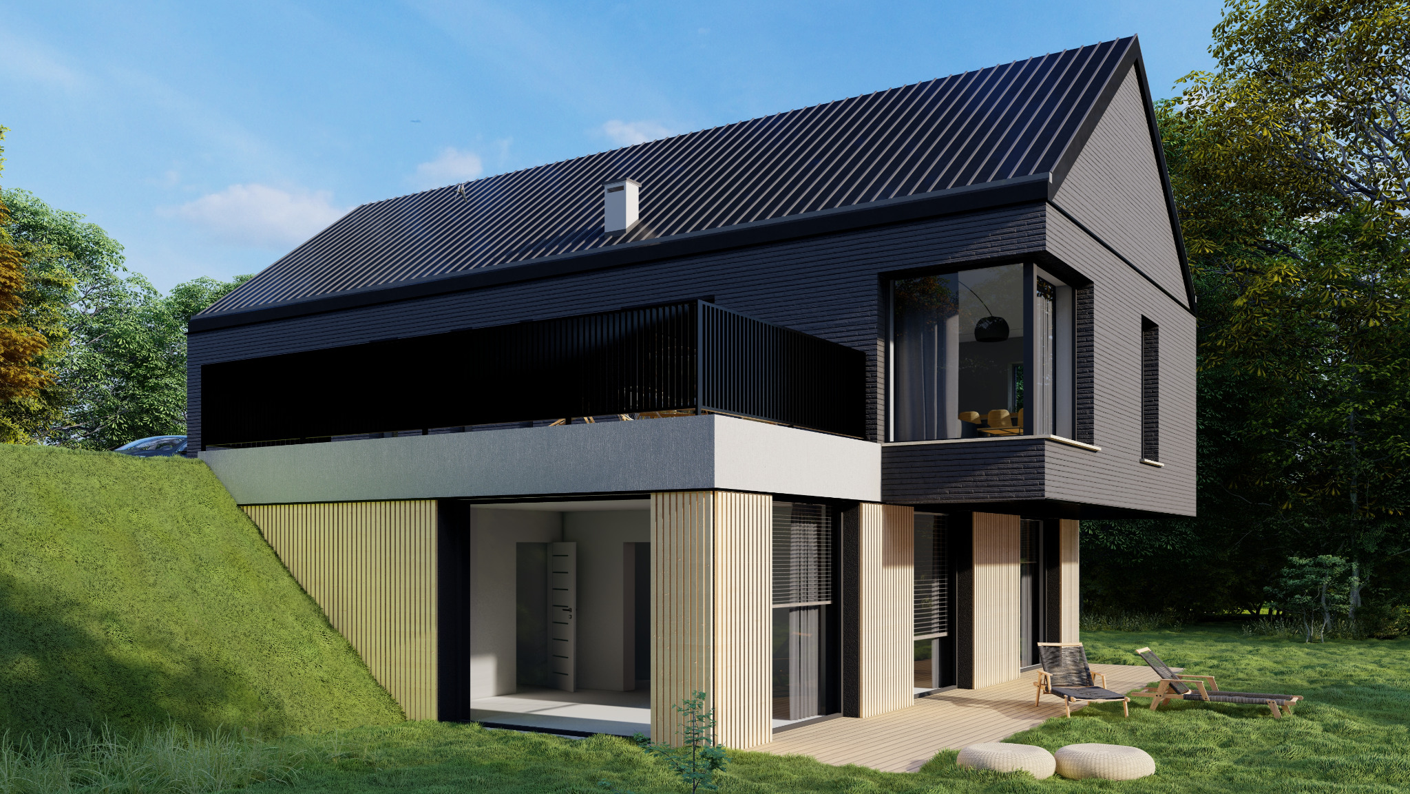 Wizualizacja nowoczesnego domu z czarną elewacją i dachem, z tarasem i zielonym dachem nad częścią podziemną, otoczonego zielenią.