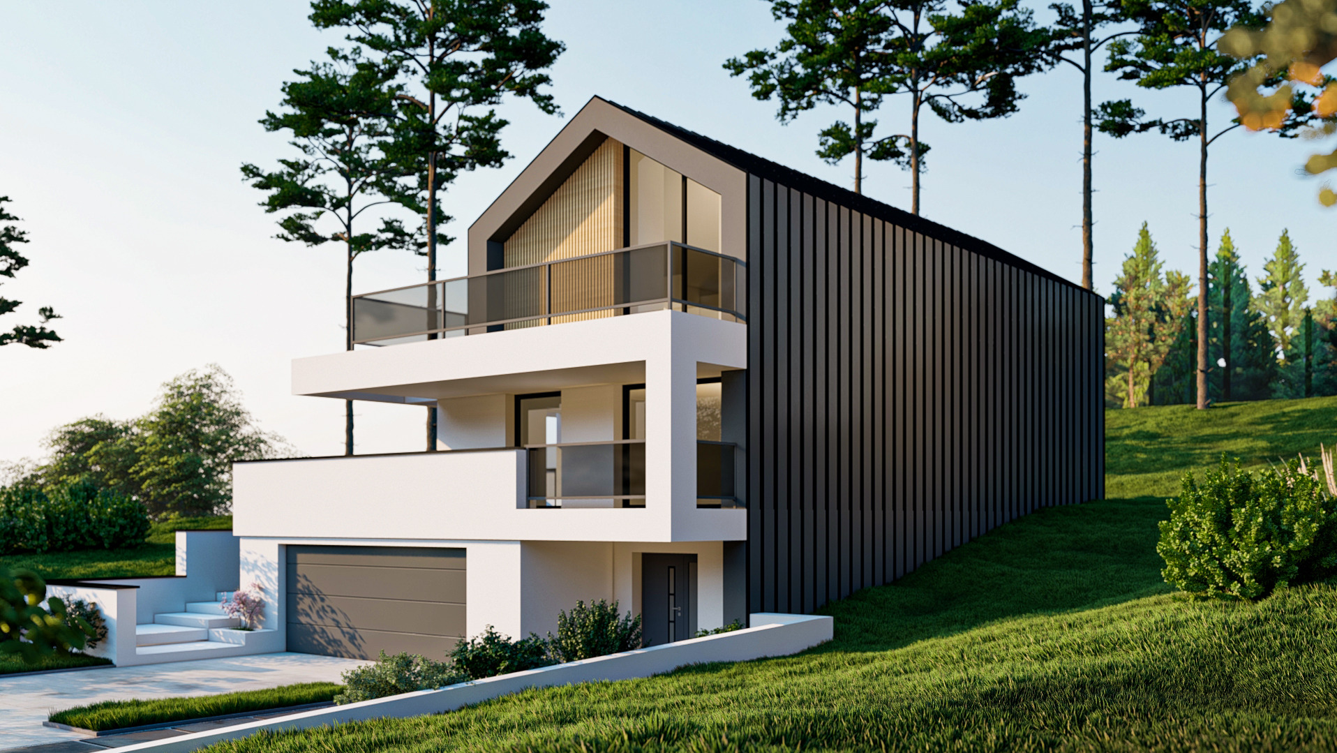 Wizualizacja nowoczesnego domu dwukondygnacyjnego z garażem w bryle, usytuowanego na skarpie, z elementami białej elewacji i ciemnymi, pionowymi panelami, otoczonego zielenią i drzewami.