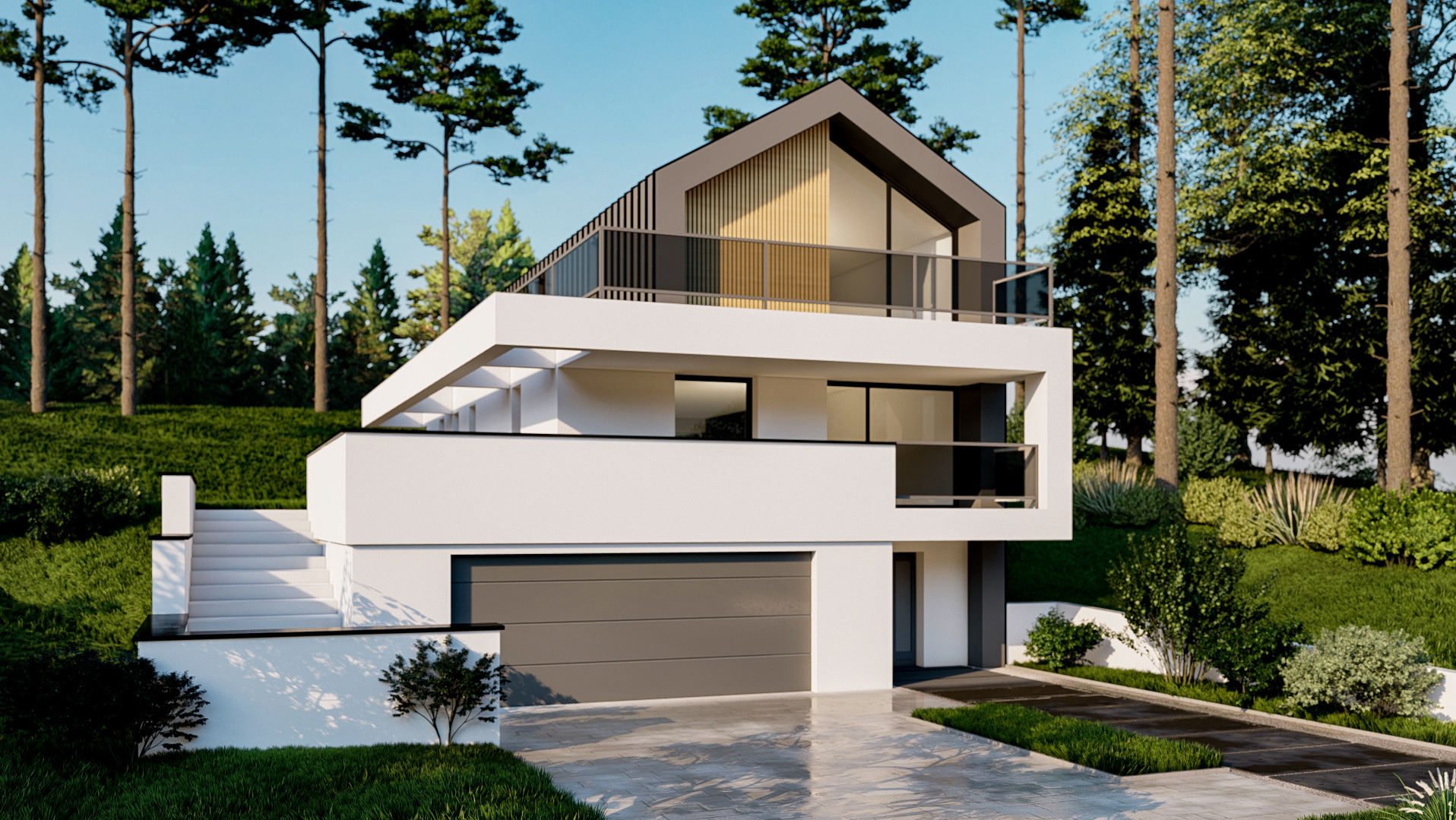 Wizualizacja nowoczesnego domu na skarpie z garażem w bryle, z płaskim dachem, balkonem z szklaną balustradą i schodami prowadzącymi do ogrodu.