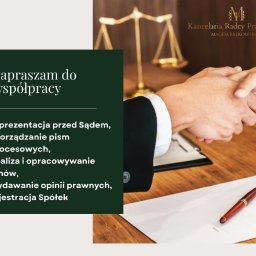 Kancelaria Radcy Prawnego Magda Falkowska - Uścisk dłoni na tle biura prawniczego z wagą Temidy i listą usług: reprezentacja, pisma, analiza umów, opinie, rejestracja spółek. Zaproszenie do współpracy.