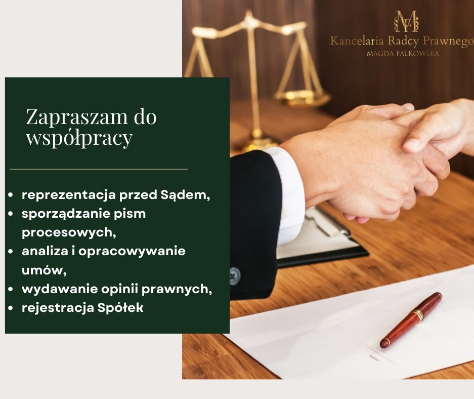 Uścisk dłoni na tle biura prawniczego z wagą Temidy i listą usług: reprezentacja, pisma, analiza umów, opinie, rejestracja spółek. Zaproszenie do współpracy.