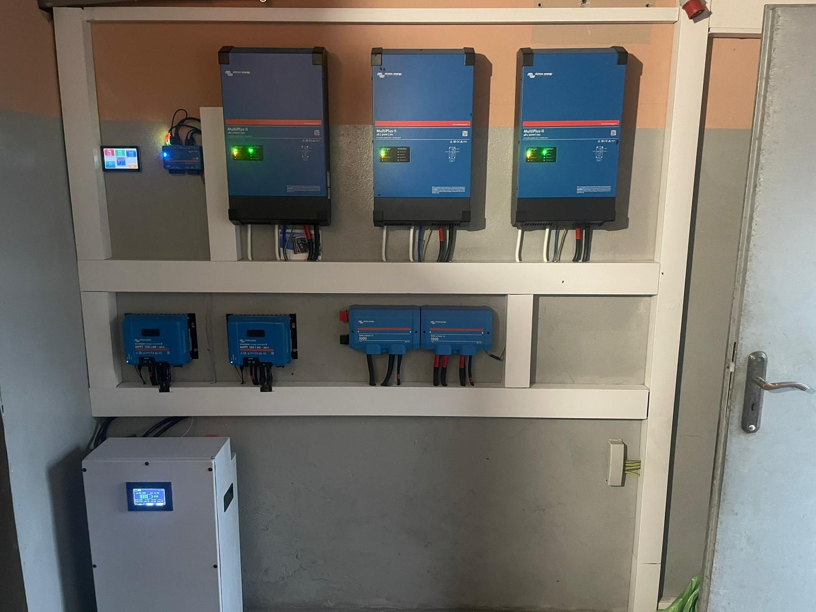 Instalacja z trzema niebieskimi falownikami MultiPlus-II, dwoma regulatorami ładowania MPPT i magazynem energii na ścianie w pomieszczeniu technicznym.