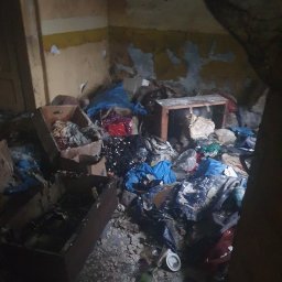 MV.finix Maciej Kusak - Zrujnowane wnętrze pokoju z odpadami, starymi meblami i resztkami farby na ścianach, widoczne kartony i plastikowe worki.