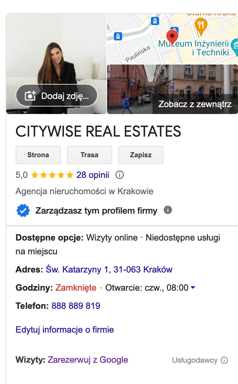 Profil firmy Citywise Real Estates na Google Maps z miniaturkami zdjęć: portret kobiety w czarnym żakiecie oraz widok ulicy w Krakowie.
