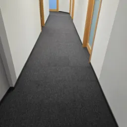 Długi korytarz biurowy z szarą wykładziną dywanową w płytkach, białymi ścianami i drzwiami z drewnianymi ościeżnicami i częściowo przeszklonymi szybami.