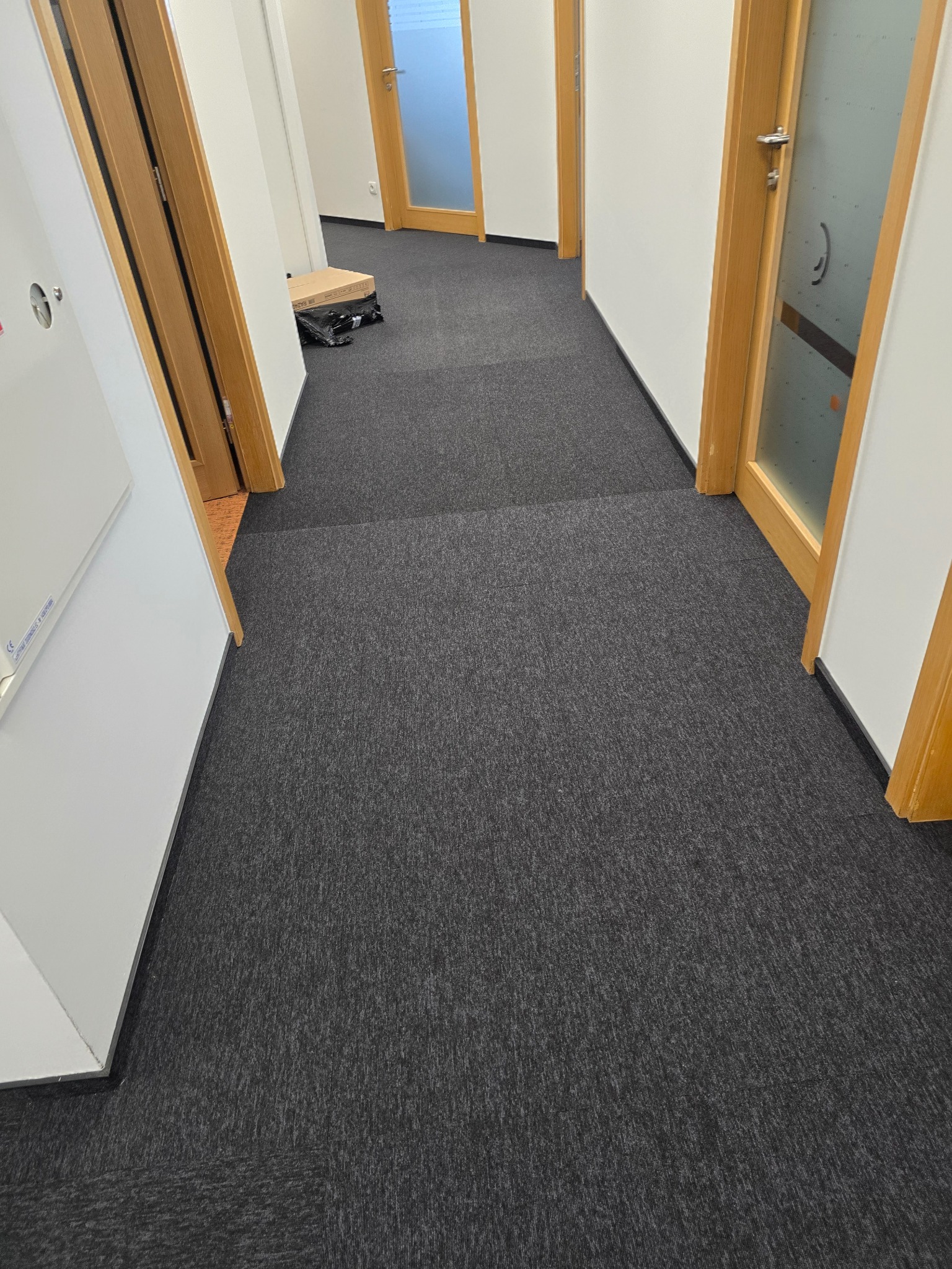 Długi korytarz biurowy z szarą wykładziną dywanową w kwadraty, jasnymi ścianami i drewnianymi drzwiami z przeszkleniami, częściowo widoczny karton na podłodze.
