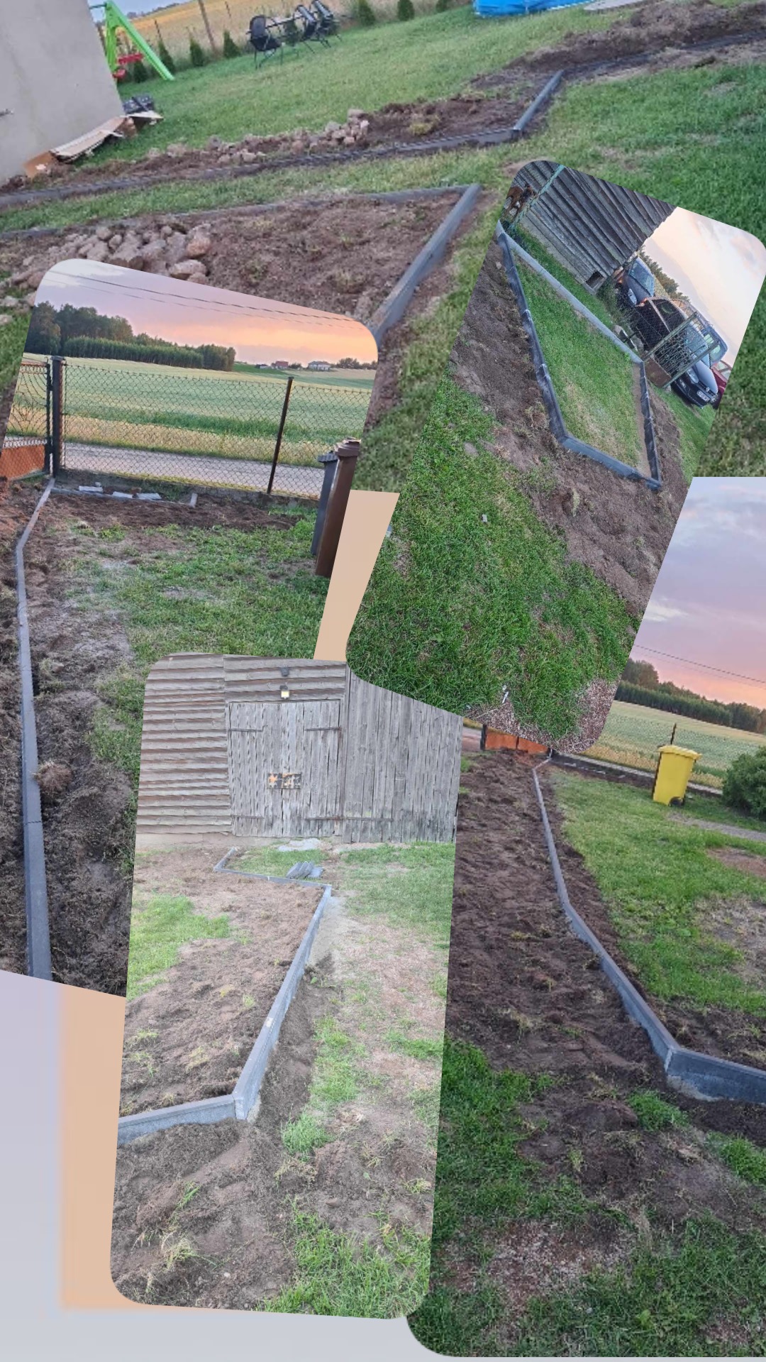 Przygotowanie terenu pod przyszły trawnik: ułożone obrzeża rabatowe z betonu wzdłuż wykopanego koryta, widoczny ziemisty grunt i fragmenty trawy.