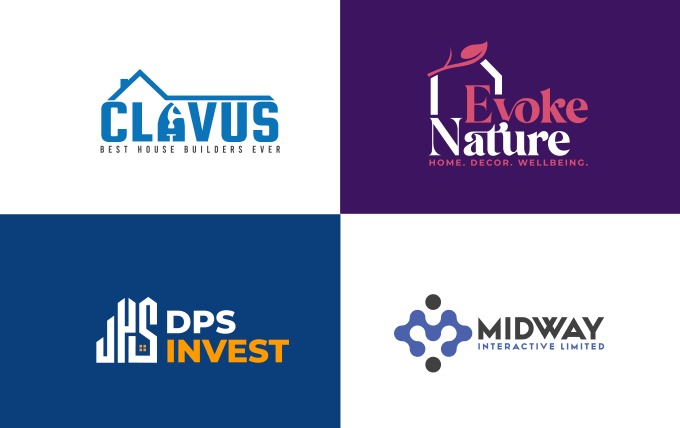 Kompozycja czterech różnych logo: niebieskie logo firmy budowlanej z motywem domu i klucza, fioletowe logo związane z naturą i domem, granatowe logo inwestycyjne z elementami architektonicznymi...