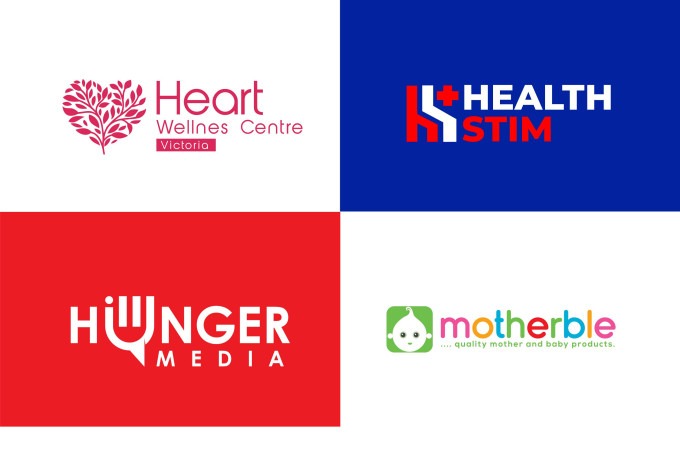 Kompozycja czterech różnych projektów logo: logo centrum wellness w kształcie serca z liści, logo firmy medycznej z krzyżem, logo agencji medialnej z motywem widelca oraz logo produktów dla dzieci...