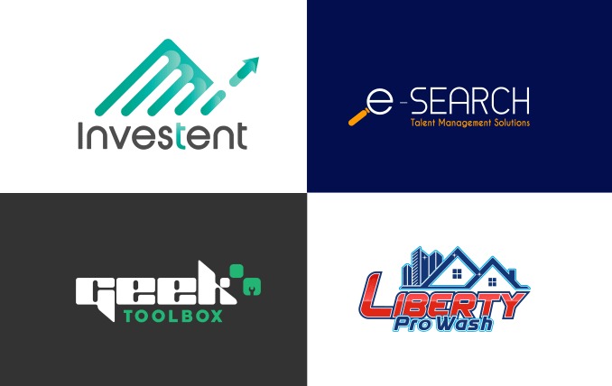 Kompozycja czterech różnych projektów logo: Investent z zielonym, strzałkowym symbolem wzrostu; e-SEARCH z lupą wkomponowaną w literę 'e'; Geek Toolbox z pikselowym motywem; Liberty Pro Wash...