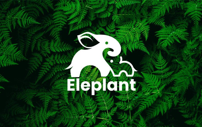 Białe logo przedstawiające dwa słonie na tle zielonych paproci, z napisem 'Eleplant' poniżej.