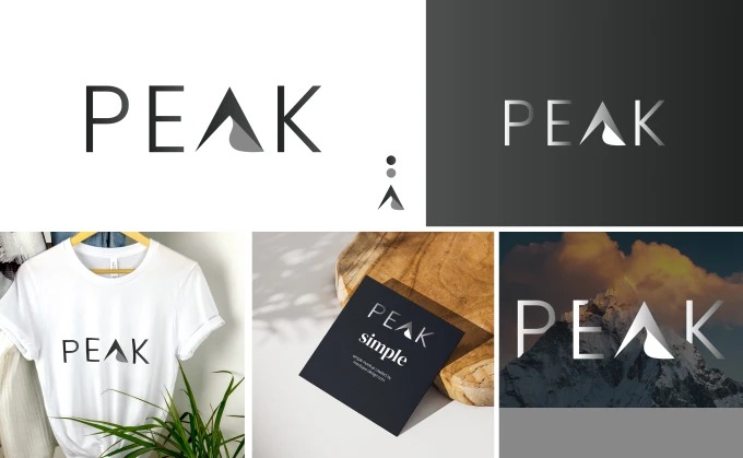 Kolaż prezentujący różne warianty zastosowania logo 'PEAK' zaprojektowanego dla firmy z Kokoszkowy: na białym tle, na wizytówce, na koszulce i na tle górskiego krajobrazu.
