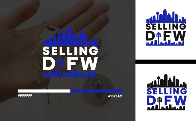 Dłoń trzymająca klucze na tle grafiki z napisem 'Selling DFW' i panoramą miasta w odcieniach bieli i niebieskiego, z paletą kolorów u dołu.