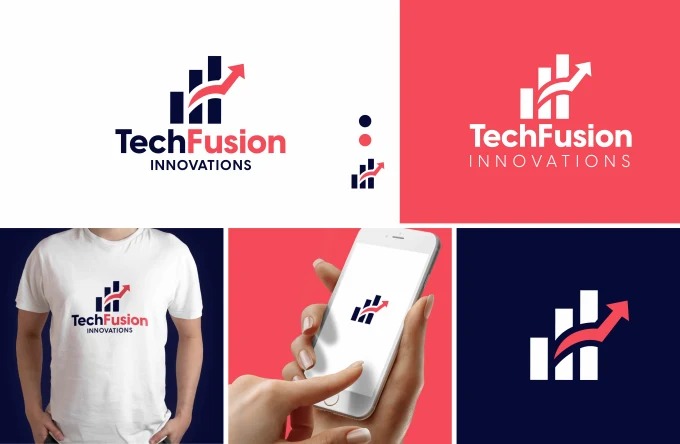 Prezentacja logo TechFusion Innovations na białej koszulce, smartfonie trzymanym w dłoni oraz na tle w kolorze koralowym i granatowym.