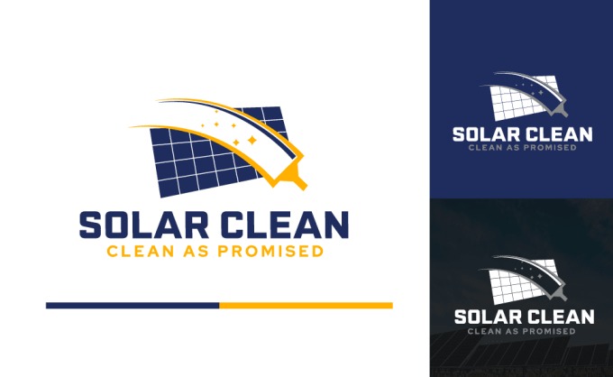 Graficzne logo firmy Solar Clean przedstawiające panel słoneczny czyszczony za pomocą gąbki, z hasłem 'Clean as promised' w trzech wariantach kolorystycznych.