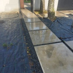 4you - Ścieżka z betonowych płyt oddzielona drobnym grysem, prowadząca przez ogród z młodymi brzozami i czarną agrowłókniną. Minimalistyczny design.