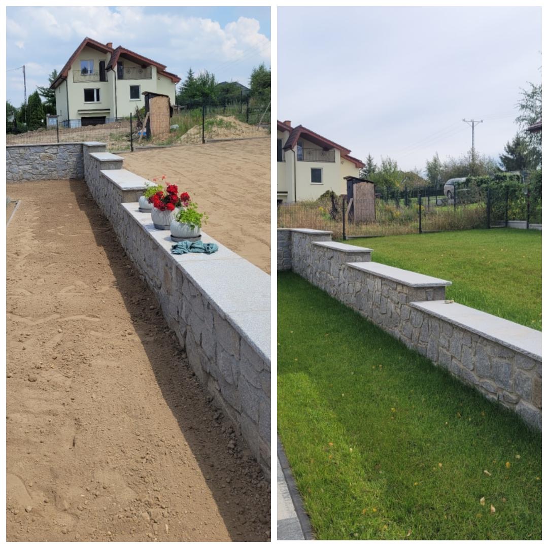 Kamienny murek z granitowym blatem oddzielający teren z piaskiem od trawnika, z donicami z kwiatami na blacie, w tle dom jednorodzinny.