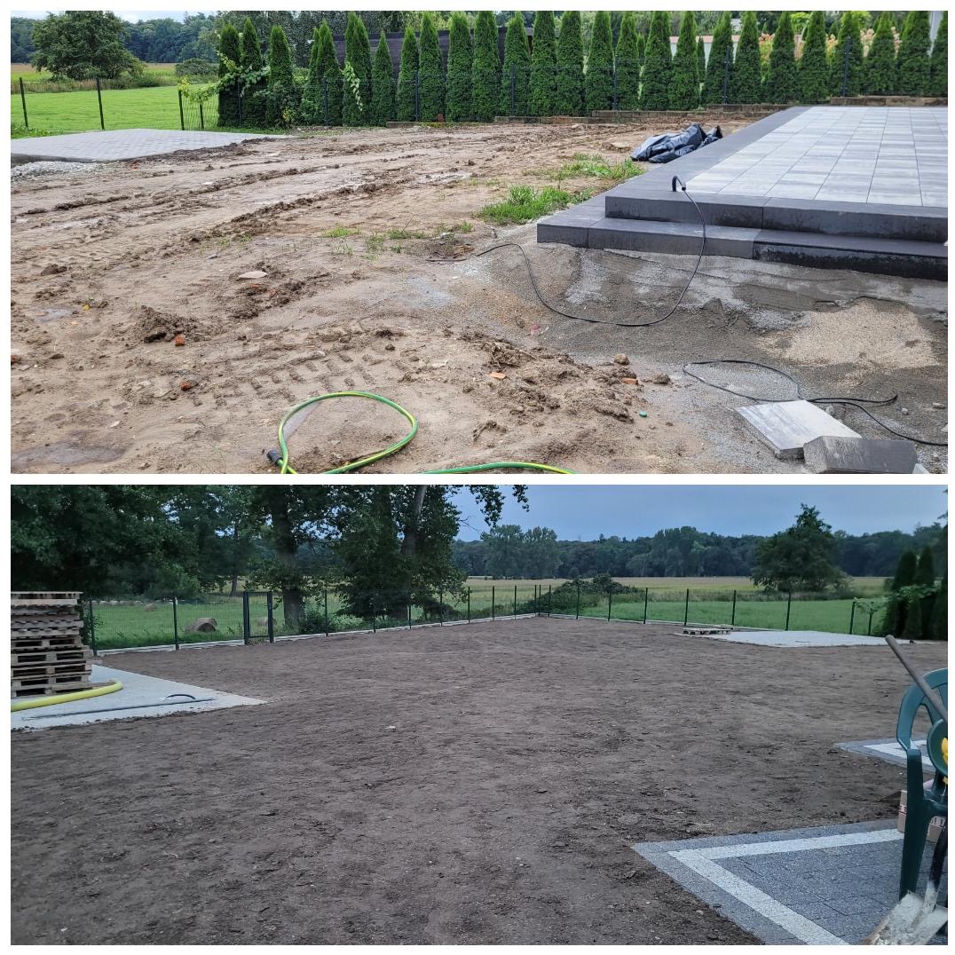 Dwa ujęcia terenu: górne pokazuje przygotowanie podłoża z widocznymi śladami opon, częściowo ułożoną kostkę i schody, dolne prezentuje wyrównany teren z obrzeżami z kostki i widoczną paletą z rurami.