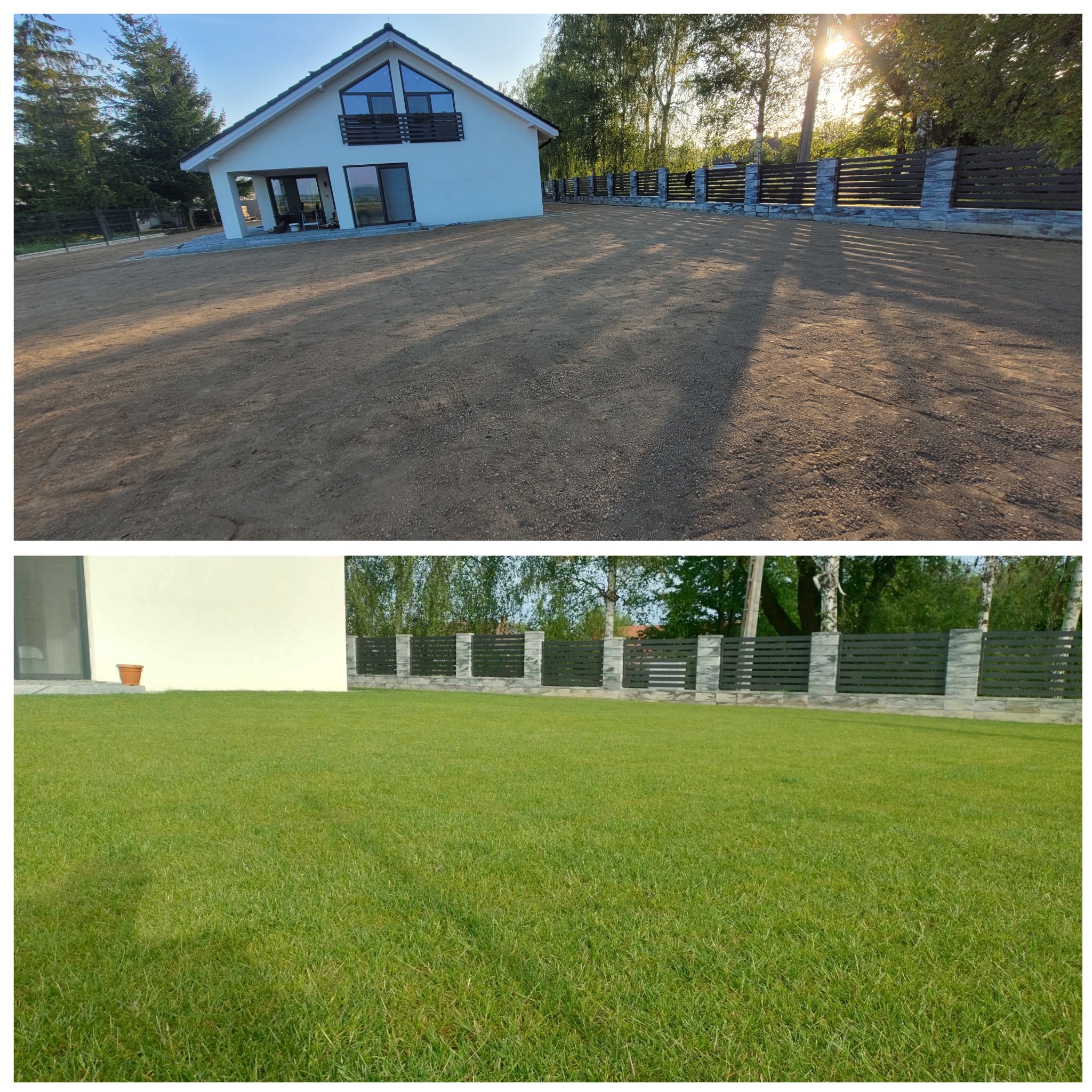 Dwa ujęcia tego samego terenu przed nowoczesnym domem: górne pokazuje wyrównany teren pokryty ziemią i gruzem, dolne ukazuje bujny, zielony trawnik z widocznym fragmentem ogrodzenia.