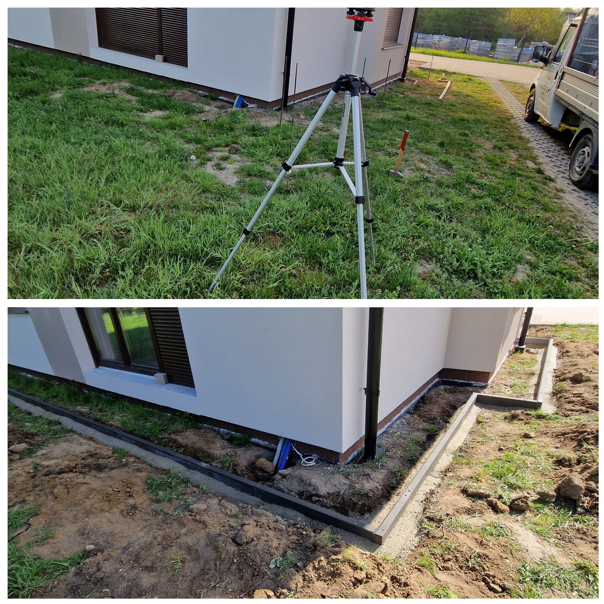 Przygotowanie terenu pod budowę chodnika: widoczny niwelator na trójnogu, wykopane obrzeża chodnika z szarymi krawężnikami betonowymi, częściowo zalane betonem, oraz wystające rury instalacji.