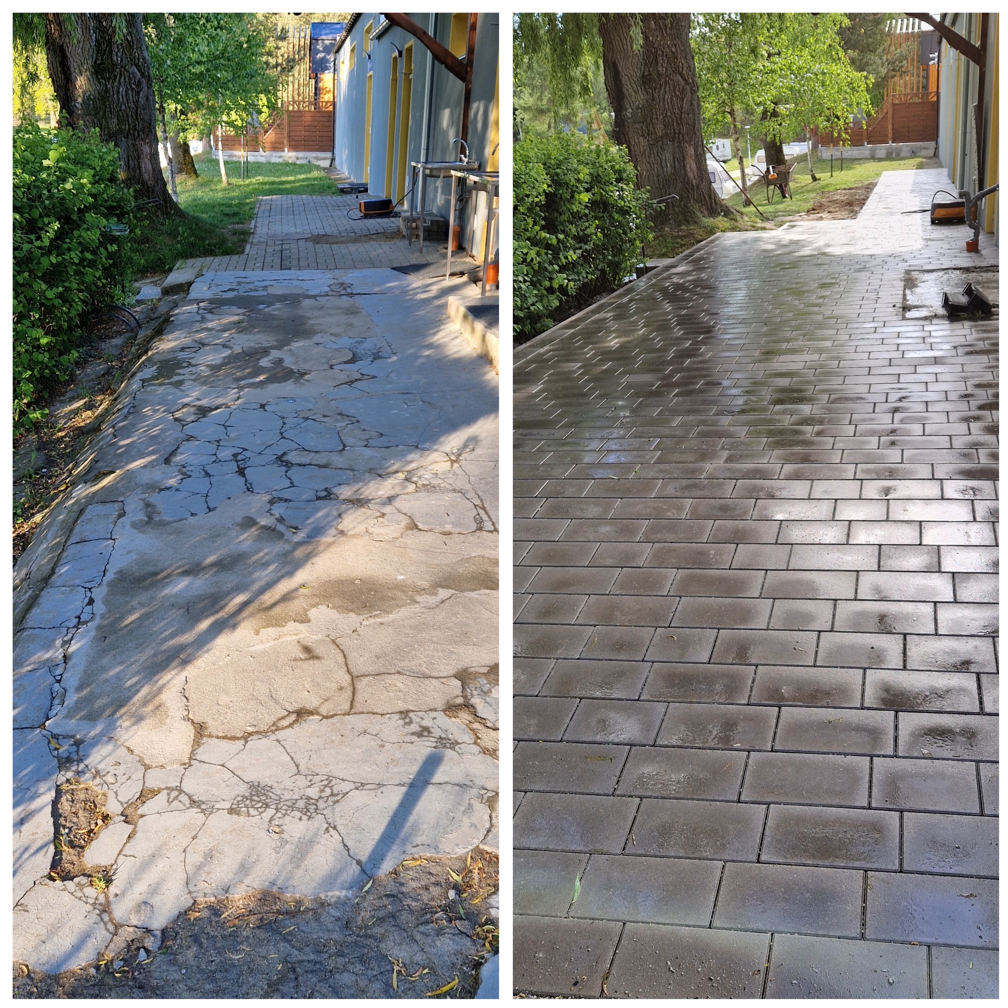 Porównanie stanu nawierzchni przed i po ułożeniu kostki brukowej: stara, popękana powierzchnia betonowa kontra nowa, równa nawierzchnia z szarej kostki brukowej w otoczeniu zieleni.