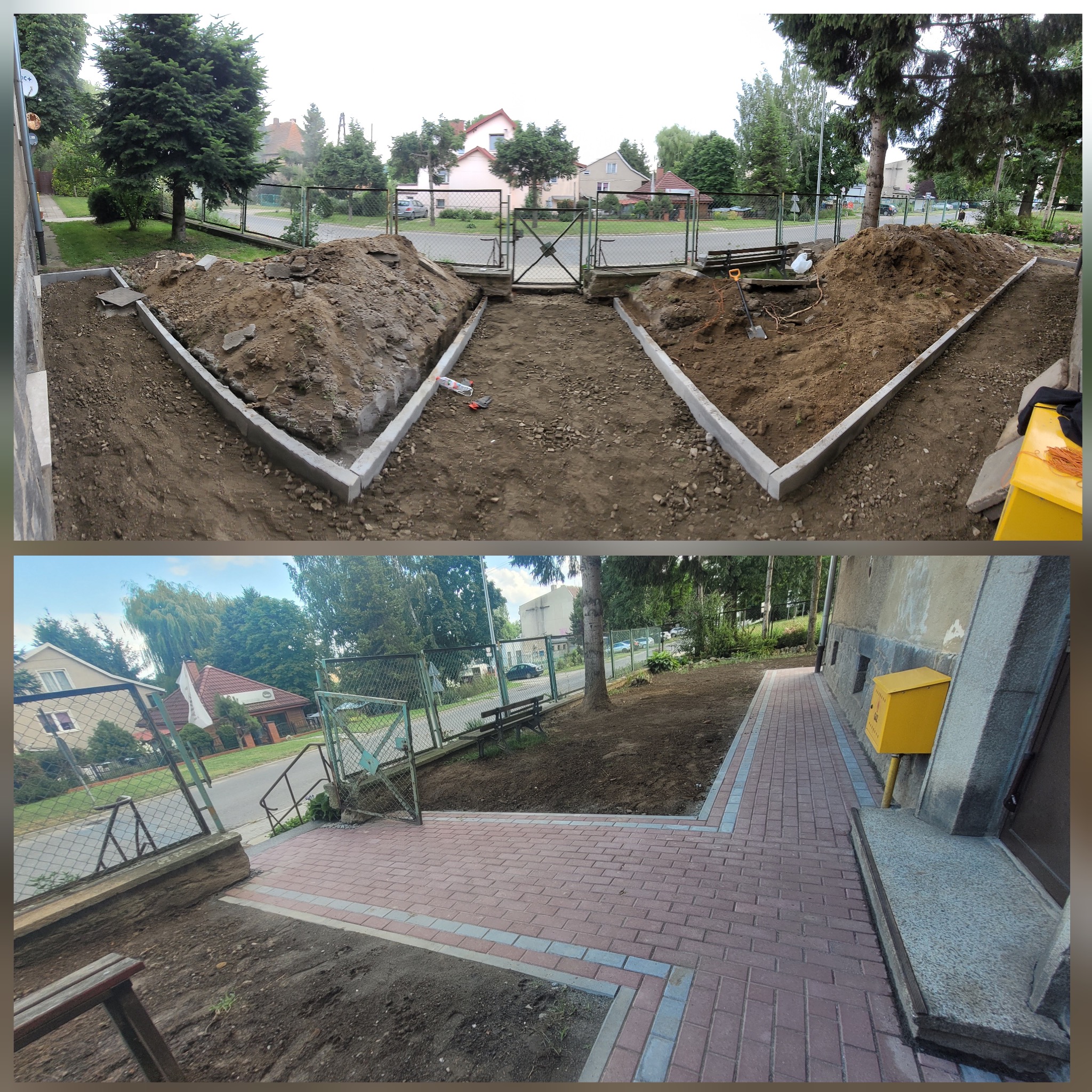 Dwuetapowe zdjęcie: górna część ukazuje przygotowanie terenu z obrzeżami i pryzmami ziemi, dolna część prezentuje ułożoną czerwoną kostkę brukową z szarym obramowaniem prowadzącą do budynku z żółtą...