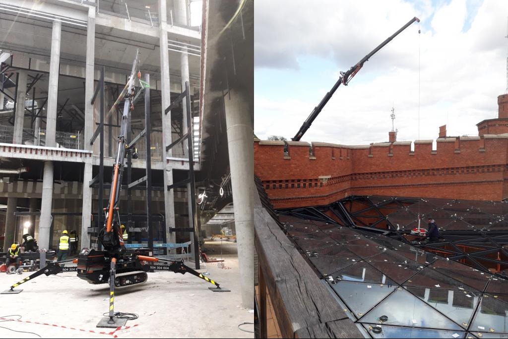 Dwa ujęcia: po lewej mały dźwig gąsienicowy z rozłożonymi podporami na budowie, po prawej duży dźwig z wysięgnikiem nad dachem z geometryczną konstrukcją i ceglanym murem.