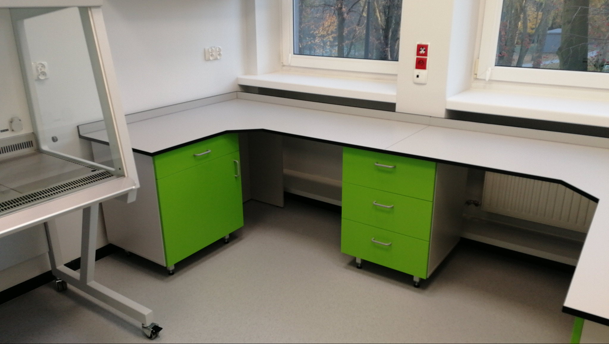 Nowoczesne wnętrze laboratorium z białymi ścianami, jasnoszarą podłogą i białymi blatami z czarnymi krawędziami, uzupełnione szafkami w odcieniu limonki, widoczne okno z widokiem na drzewa i wyciąg...