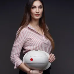 Kobieta w różowo-białej koszuli trzyma biały kask ochronny z czerwoną naklejką na ciemnoszarym tle.