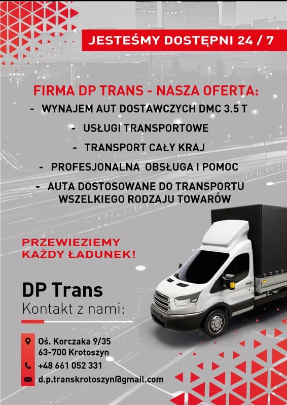 Reklama firmy DP Trans: biały bus dostawczy z czarną plandeką na szarym tle z czerwonymi trójkątami, oferta wynajmu aut dostawczych, usługi transportowe, transport krajowy, profesjonalna obsługa...