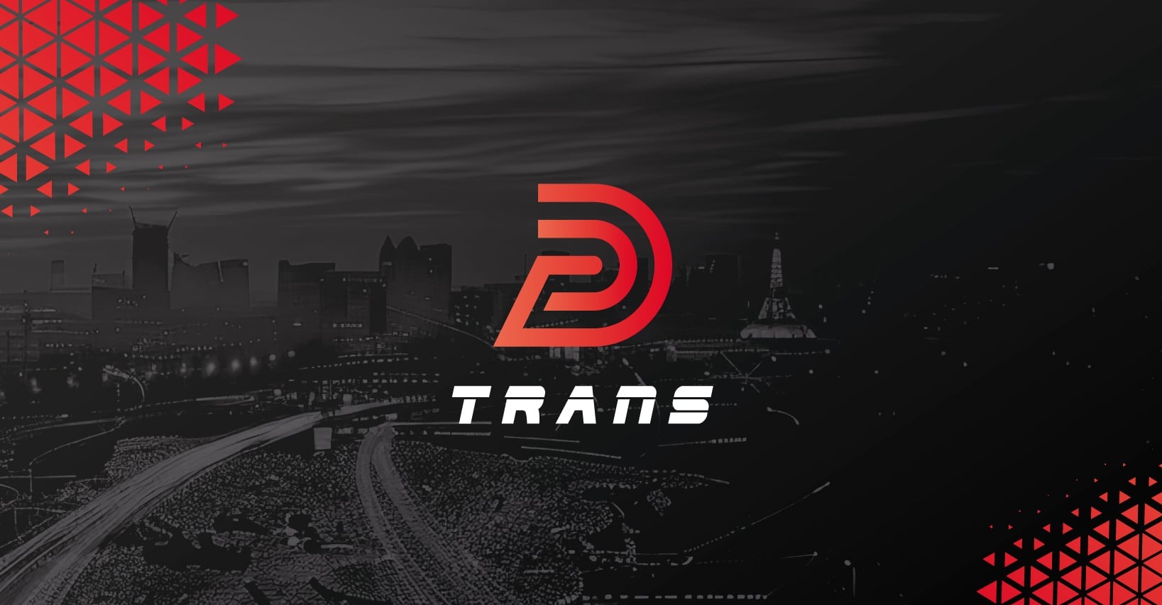 Graficzne logo firmy transportowej TRANS na tle nocnego miasta z wieżą Eiffla, czerwone trójkąty w lewym górnym rogu.