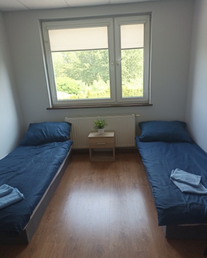 Pokój z dwoma łóżkami pojedynczymi z niebieską pościelą i ręcznikami, drewniana podłoga, okno z widokiem na zieleń, mała szafka nocna z kwiatem w doniczce.