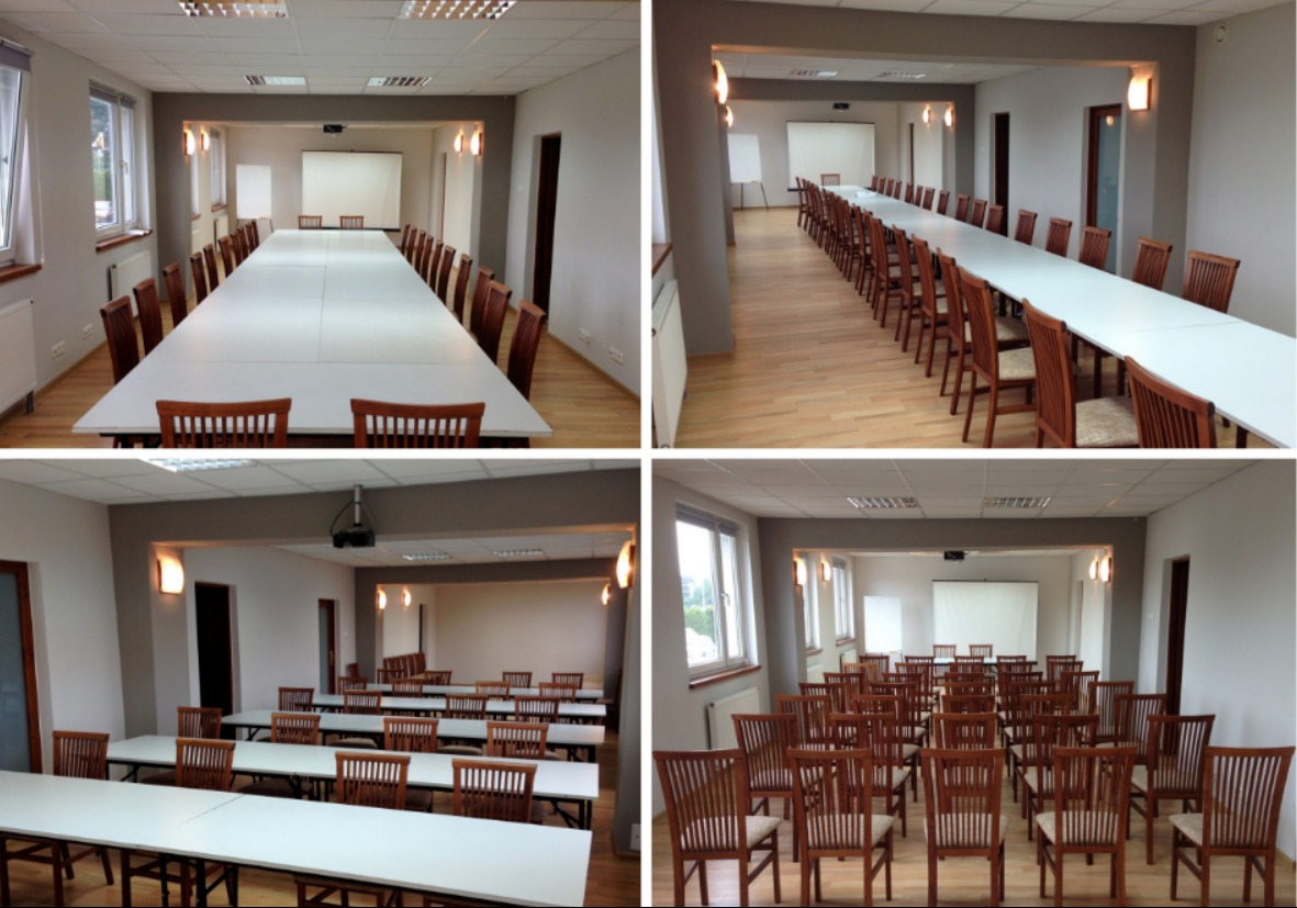 Sala konferencyjna z długim stołem i krzesłami w Mysłowicach, widok z różnych perspektyw, wyposażona w projektor i ekran.