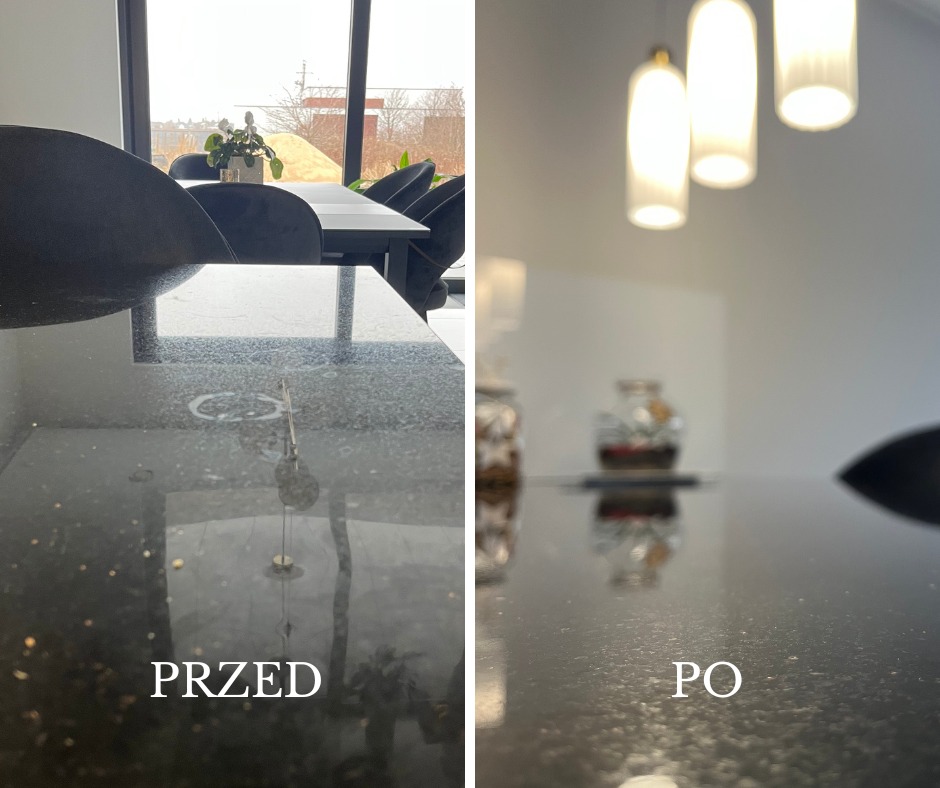 Porównanie stanu blatu kuchennego przed i po czyszczeniu. Na ciemnym blacie widoczne zacieki i plamy, które zniknęły po umyciu. Widoczne odbicie lampy w czystej powierzchni blatu.
