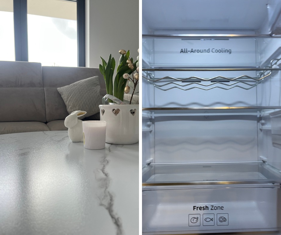 Połowa zdjęcia przedstawia fragment salonu z szarym narożnikiem, białym stolikiem kawowym z dekoracjami: ceramiczny zajączek, świeca i doniczka z kwiatami, druga połowa zdjęcia to pusta, czysta...