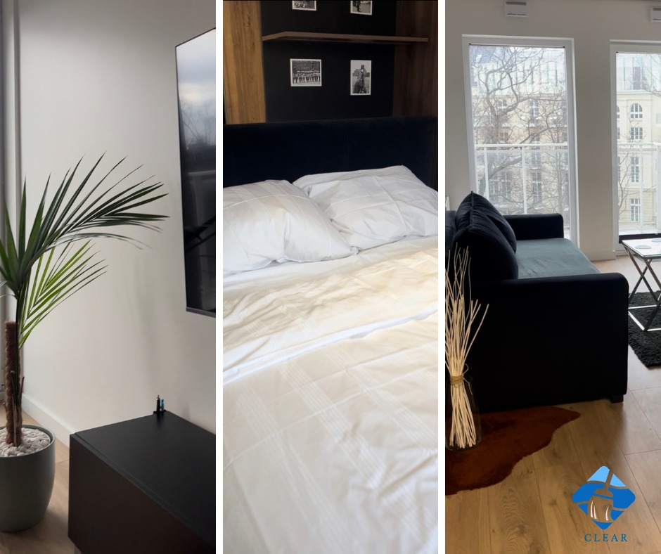 Jasne, nowocześnie urządzone mieszkanie z łóżkiem, sofą i roślinami doniczkowymi, z widokiem na miasto za oknem. Na podłodze widoczny dywan. W prawym dolnym rogu logo firmy sprzątającej.