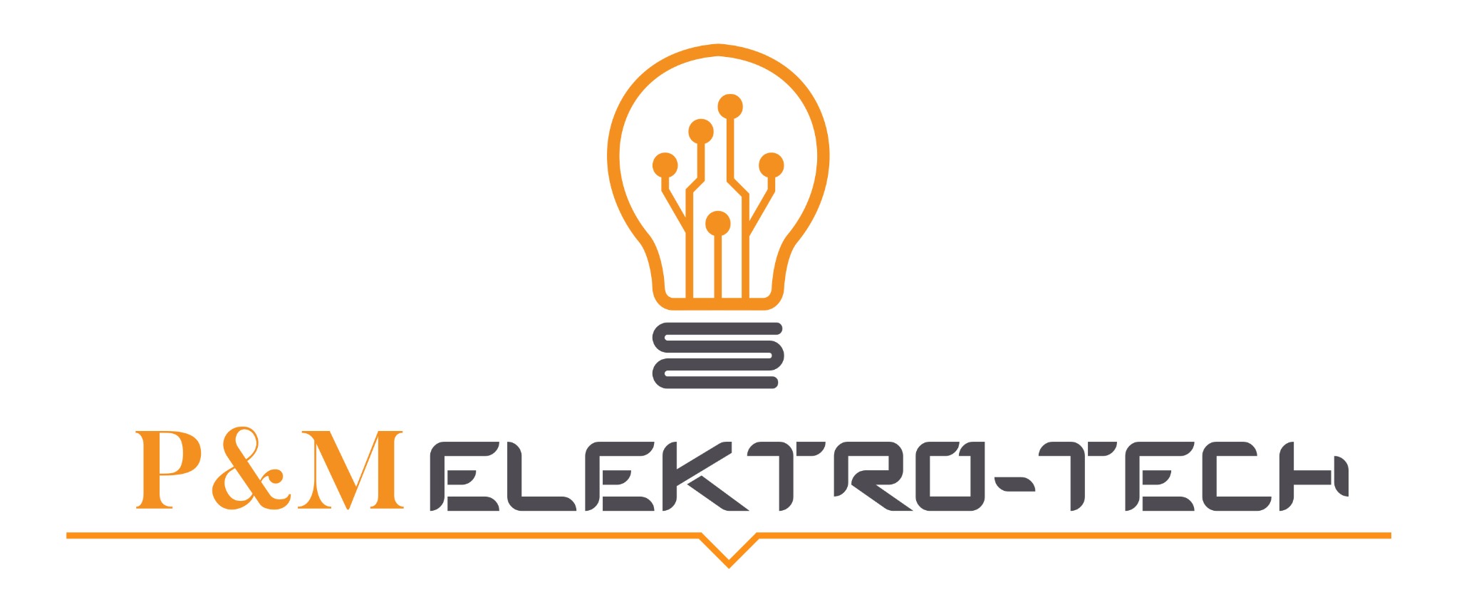 Logo firmy P&M Elektro-Tech z symbolem żarówki z elementami elektronicznymi, w kolorach pomarańczowym i szarym.
