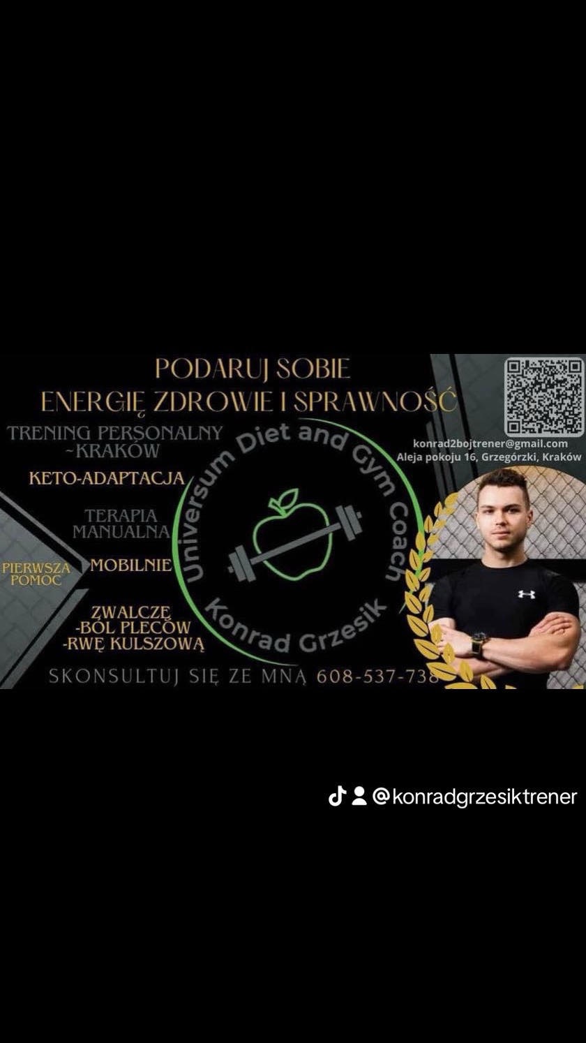 Grafika reklamowa: Konrad Grzesik, trener personalny i dietetyk, oferujący trening personalny w Krakowie, keto-adaptację i terapię manualną, zwalczanie bólu pleców i rwy kulszowej, z danymi...