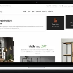 Ekran laptopa wyświetlający stronę internetową firmy ASG Construction z nagłówkiem 'Konstrukcje Stalowe na wymiar' oraz sekcjami poświęconymi meblom w stylu loft, prezentującymi zdjęcia metalowych...
