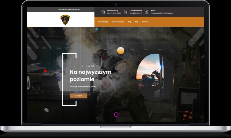 Ekran laptopa wyświetlający stronę internetową firmy z branży metalurgicznej, z logo w górnym lewym rogu i zdjęciem spawacza w tle, z hasłem 'Na najwyższym poziomie' oraz przyciskiem 'Kontakt'.